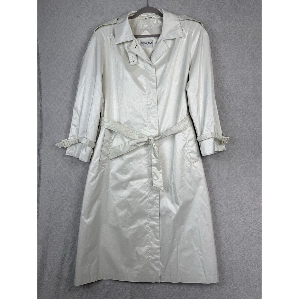 Vtg British Mist Trench Raincoat Womens 14 Ivory Shimmer Long Retro Classic 80s